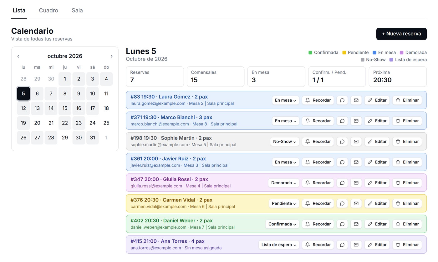 Mesvolo booking list view with calendar and colour-coded statuses