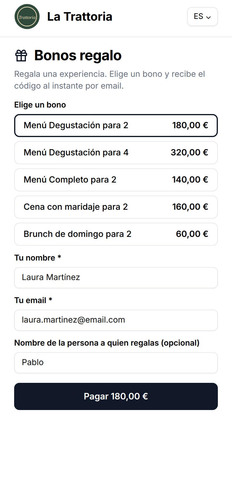 Pàgina de compra de vals regal de Mesvolo al mòbil